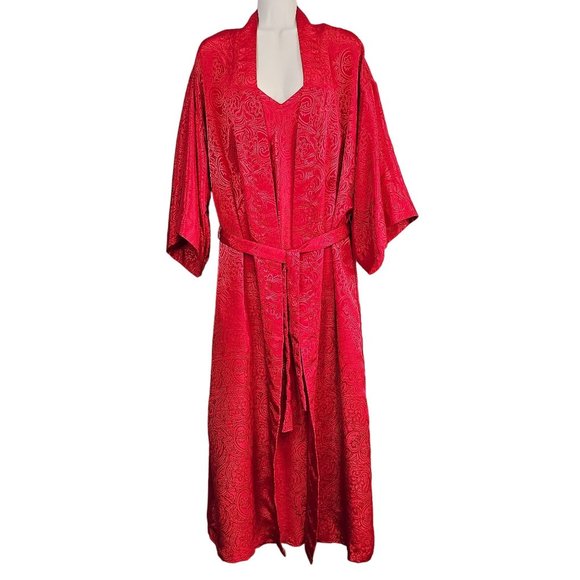 Vintage Val-Mode Lingerie Set‎ Womens Nightgown Small Robe Medium Red Jacquard - Picture 1 of 16